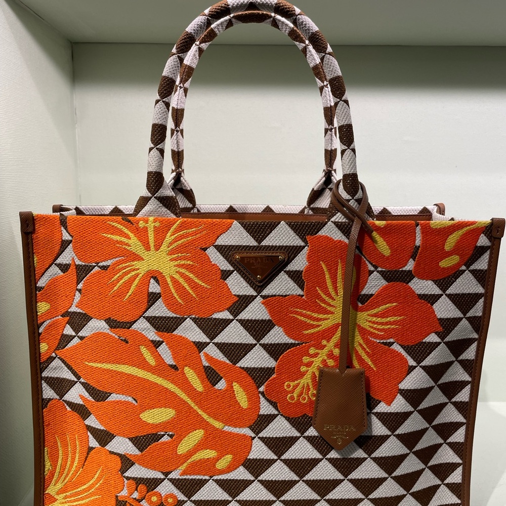 Prada Orange and Brown Tote with Geometric Pattern and Floral Design